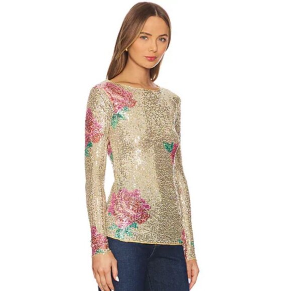 Free People Tops - Free People XL Floral Gold Sequin Long  Sleeved Top NWOT